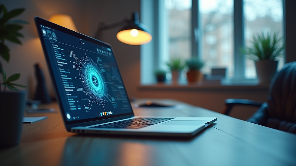 Eye-level view of a modern office desk with a laptop displaying AI software