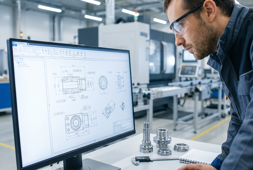 Manufacturing application engineer reviewing technical drawings, tolerances, and CAD specifications during the quoting qualification stage.