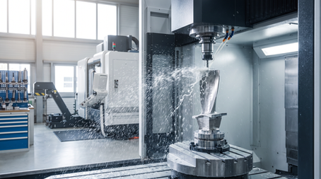 Precision multi-axis CNC machining center producing complex metallic component in industrial manufacturing facility.