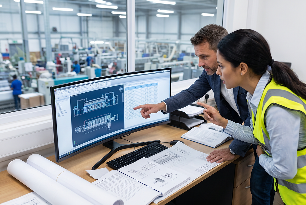 Industrial sales director and engineer reviewing textile equipment project specifications and plant parameters.