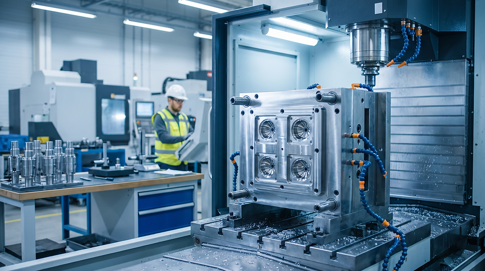 Industrial injection tooling manufacturing environment showcasing precision mold base machining and engineering quality inspection.