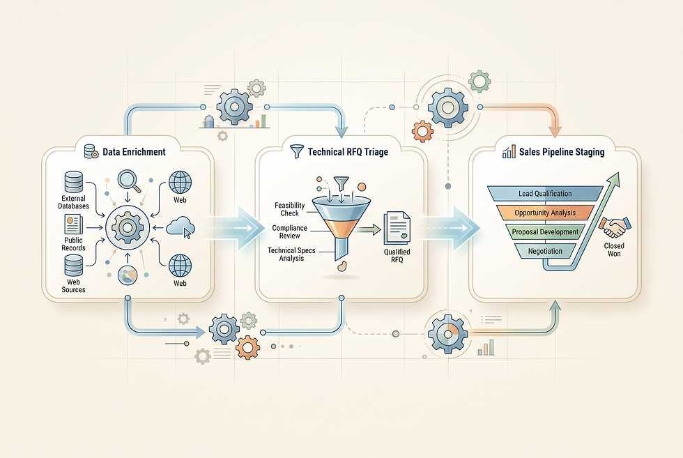 Structured workflow diagram illustrating intelligent RFQ qualification and lead enrichment stages for industrial manufacturing.