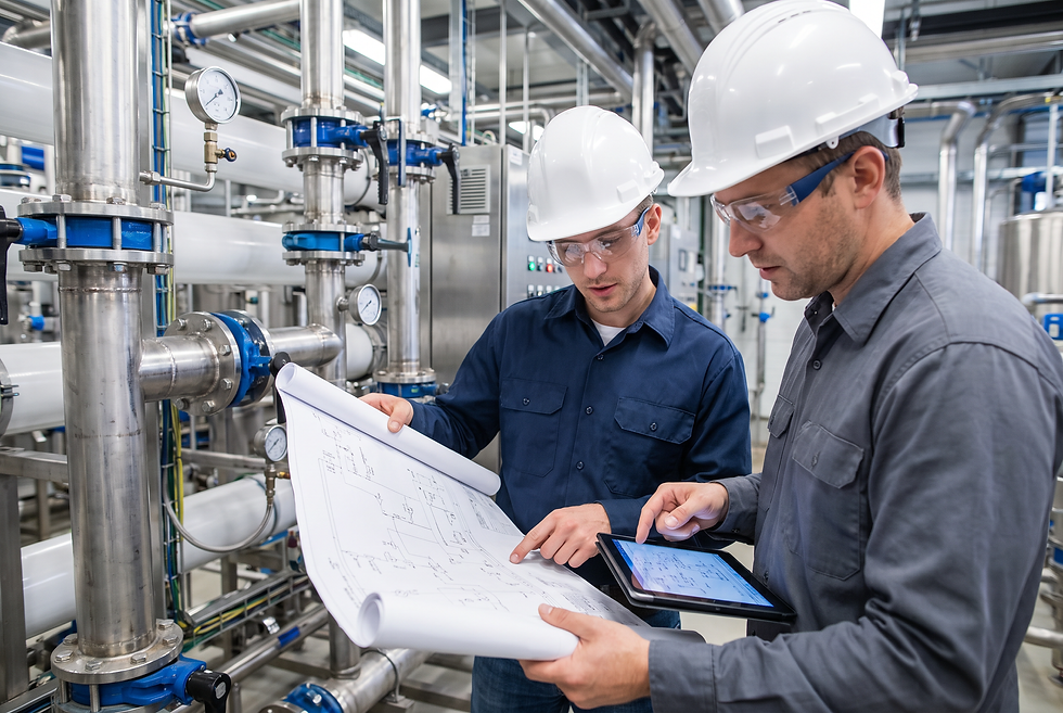 Water treatment process engineers reviewing technical equipment specifications and project engineering documentation.
