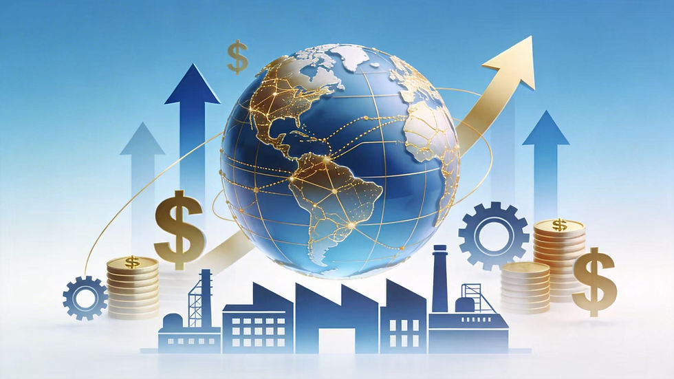 Global trade concept image showing a world map surrounded by financial symbols and industrial gears, highlighting profitable growth strategies for manufacturers.