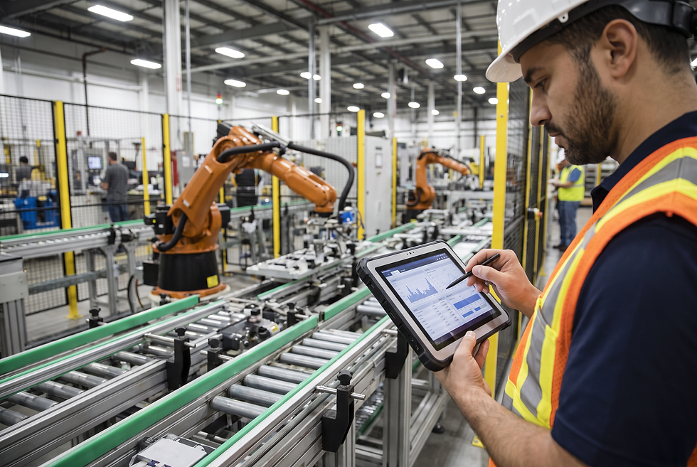 Plant engineer inspecting equipment telemetry on an automated industrial manufacturing line.