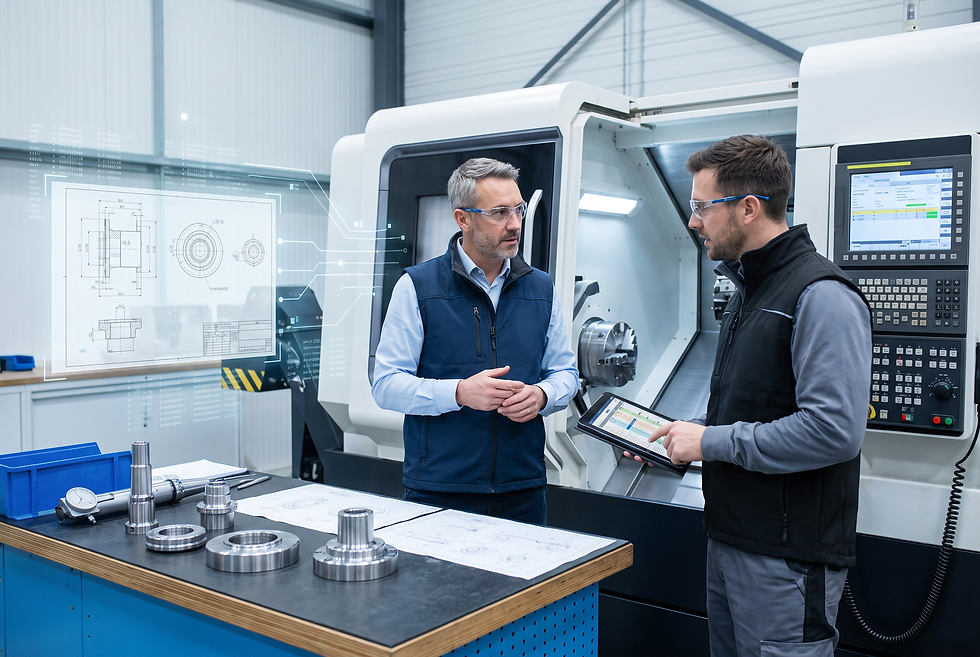 Manufacturing commercial team evaluating engineering component drawings and production capacity in a precision machine shop.