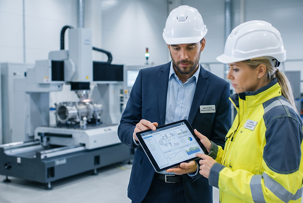 Engineering and commercial sales professionals reviewing technical manufacturing requirements in an industrial testing facility.