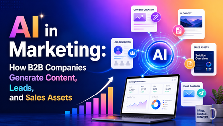 AI marketing infographic with laptop analytics, rising chart, and cards for content creation, lead generation, blog post, and email campaign.