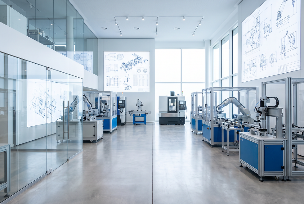 Modern manufacturing showroom showcasing precision automation equipment and technical machinery specifications.