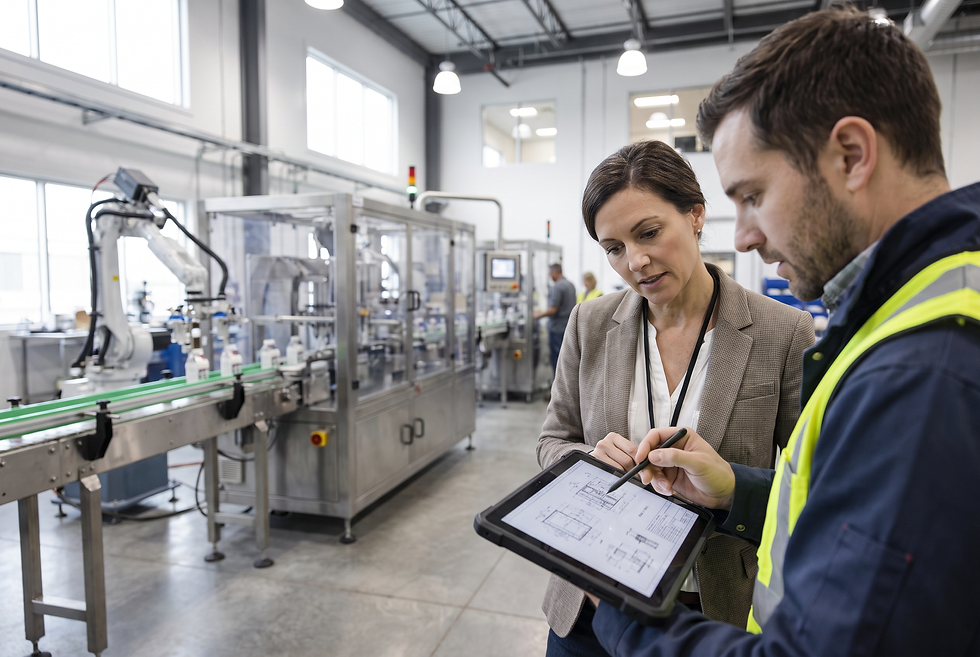 Industrial sales director and mechanical engineer reviewing technical packaging line specifications.
