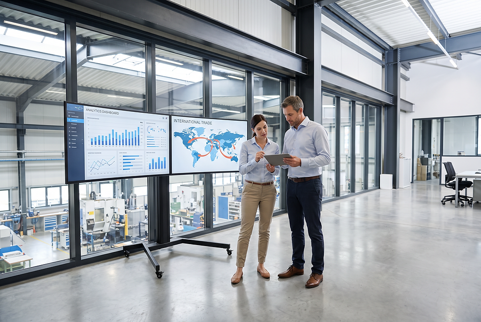 Industrial manufacturing executives analyzing digital account data and market intelligence