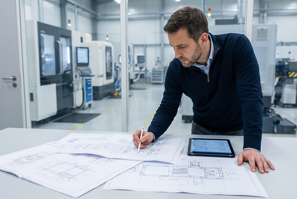 Engineering lead reviewing technical machine specifications and application requirements during sales qualification.
