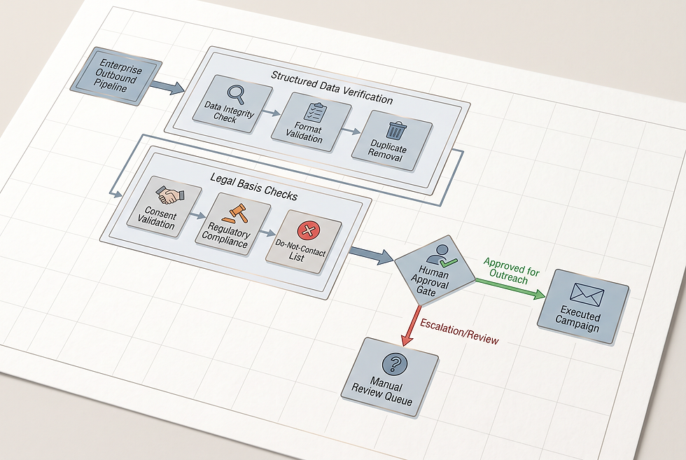 Technical process flowchart illustrating compliance verification steps and human escalation boundaries for B2B outbound workflows.