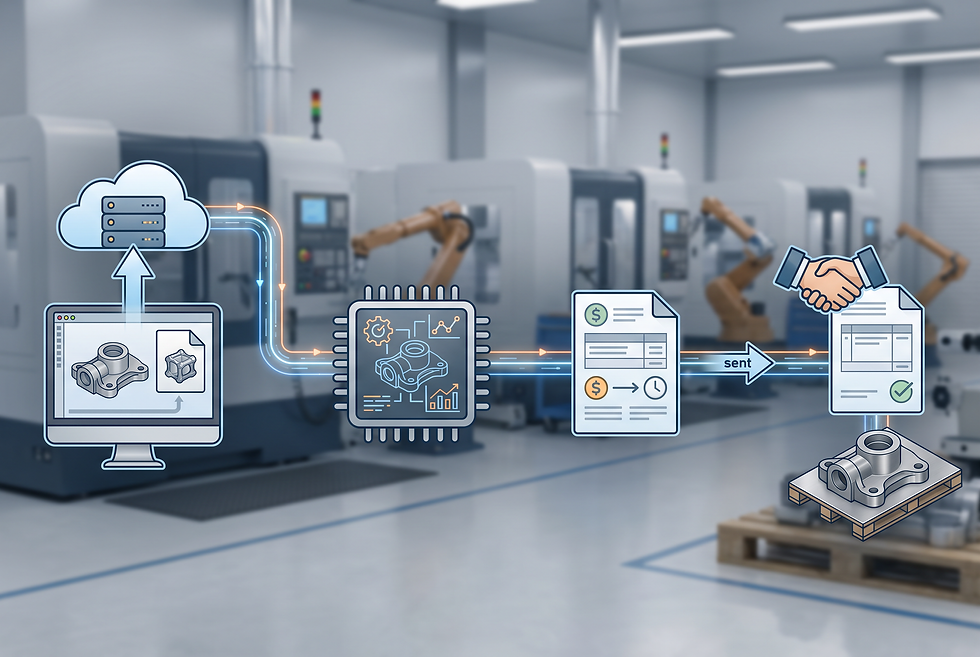 Technical manufacturing RFQ workflow showing CAD intake, automated engineering triage, and quote delivery.