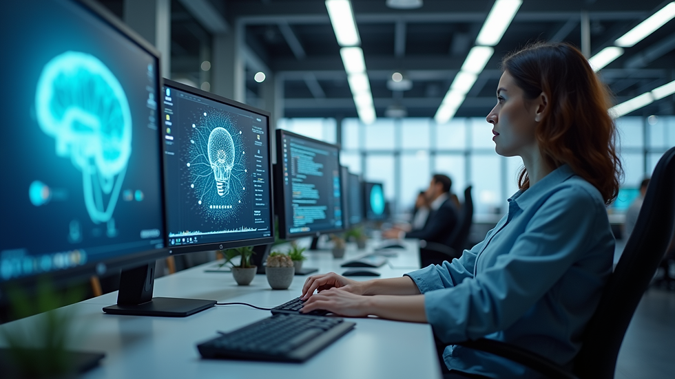 Eye-level view of a modern office workspace with AI technology on screens