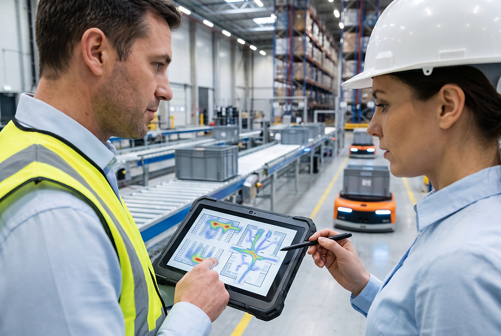 Industrial sales engineer and logistics director discussing automated warehouse layout planning and throughput feasibility on site.