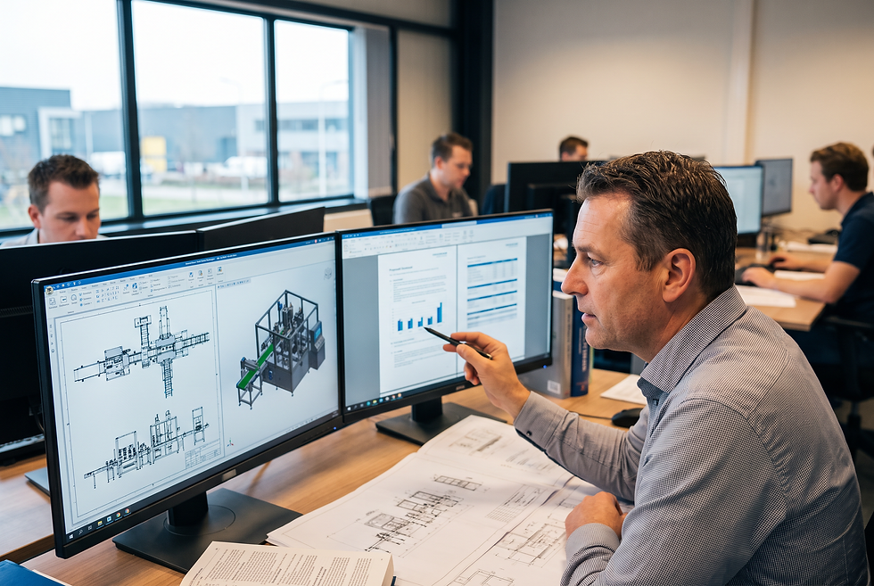 Technical sales director evaluating equipment configurations and commercial proposals in an industrial engineering office.