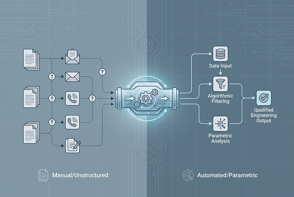 Structured workflow diagram illustrating the transition from traditional industrial promotion to automated engineering qualification.