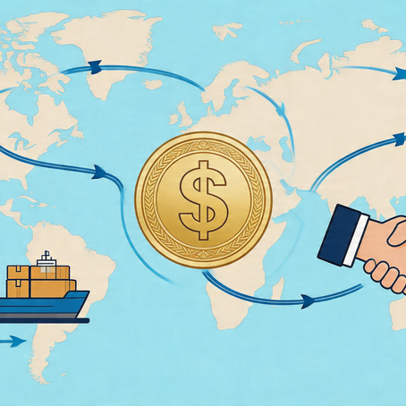 Global B2B trade illustration featuring a world map with arrows, a factory with shipping containers, a handshake representing a closed deal, and a gold dollar coin in the center to represent million-dollar orders and how to use scarcity tactics in b2b foreign trade.