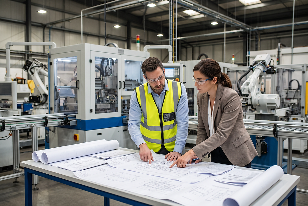 Industrial operations team reviewing machinery specifications and engineering documentation for international market expansion.