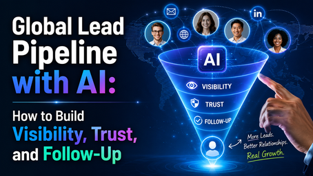 Dark blue AI sales funnel graphic with faces, world map, and pointing hand; text: Global Lead Pipeline with AI, Visibility, Trust, Follow-Up.