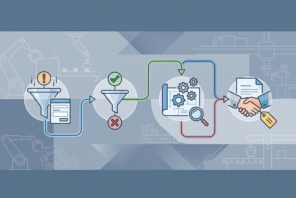 Workflow diagram showing structured lead qualification and technical RFQ review for industrial equipment manufacturers.