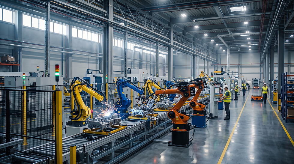 Automated industrial manufacturing facility showcasing advanced robotic machinery.