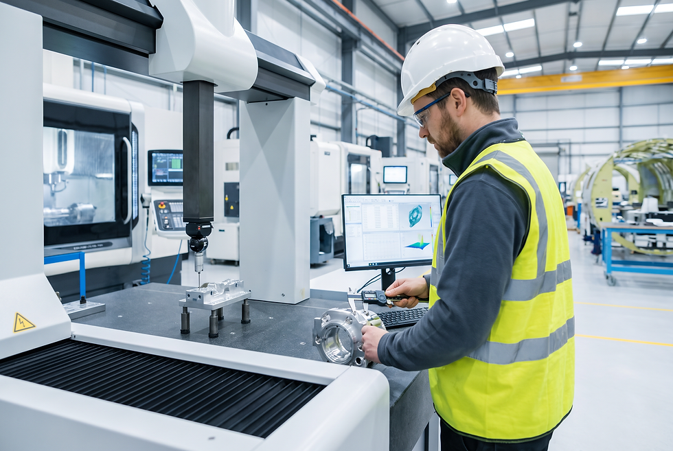 Quality control engineer performing precision measurement and validation on manufactured industrial components.