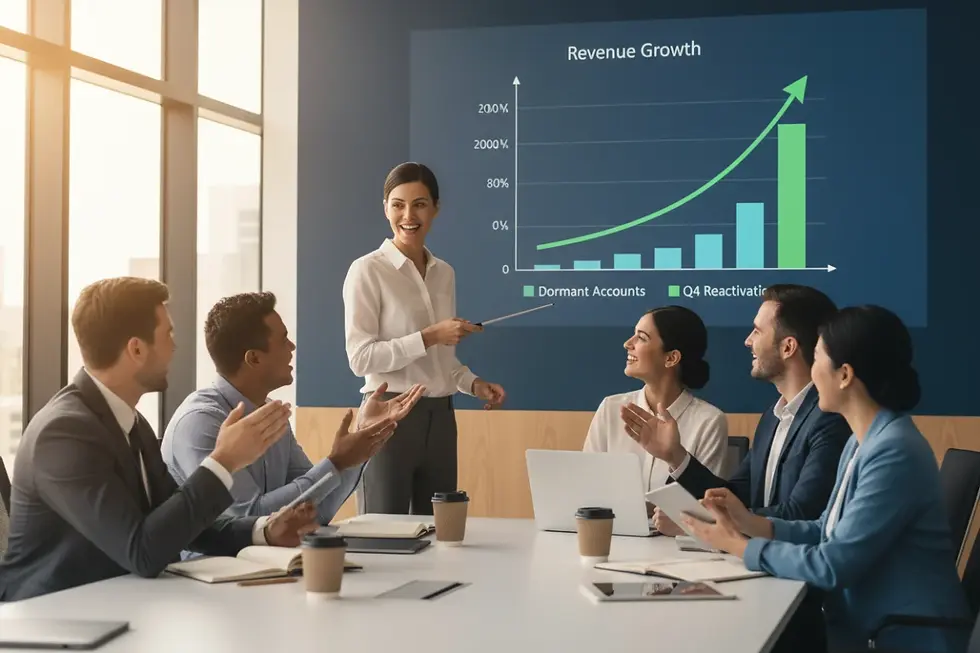 B2B sales team analyzing revenue growth metrics from a successful reactivation campaign.