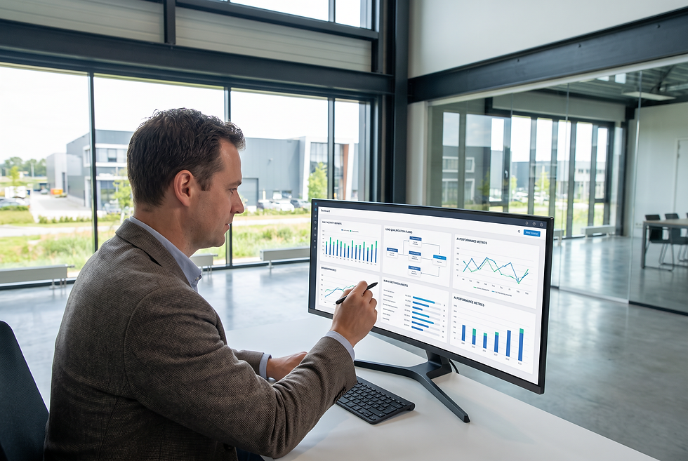 Commercial operations director reviewing daily AI performance reports and inquiry qualification workflows.