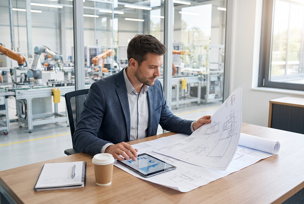 Industrial sales professional analyzing technical specifications and account requirements for post-event commercial follow-up
