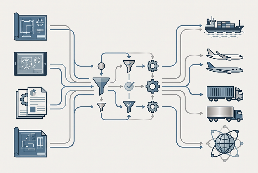 Manufacturing operational workflow diagram illustrating technical lead qualification and global export distribution processes.