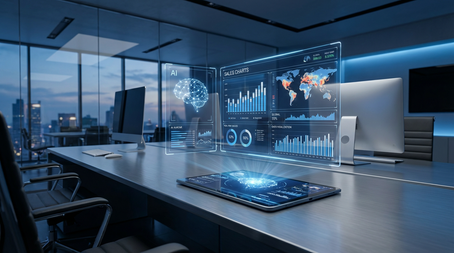 Futuristic office with digital screens displaying sales charts and AI graphics. Modern tech setup on a sleek table in a glass-walled room.