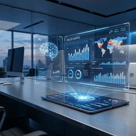 Futuristic office with digital screens displaying sales charts and AI graphics. Modern tech setup on a sleek table in a glass-walled room.