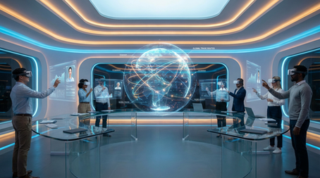 Team meeting in a futuristic AI control room with a glowing digital globe hologram