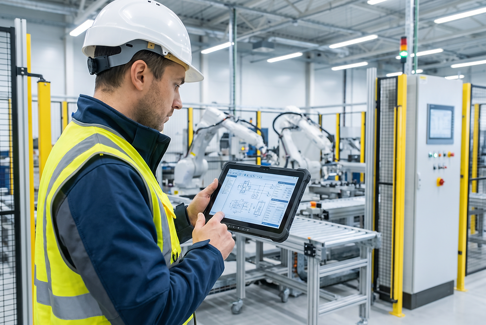 Automation engineer reviewing technical specifications and project requirements inside a modern industrial plant.