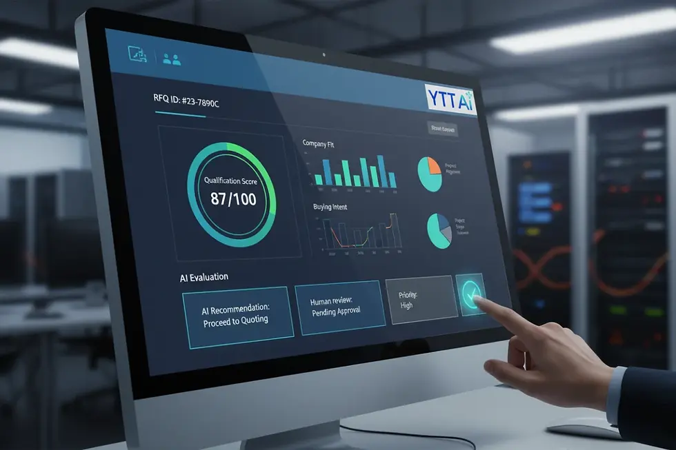 An AI lead qualification dashboard showing fit, intent, and RFQ completeness scores.