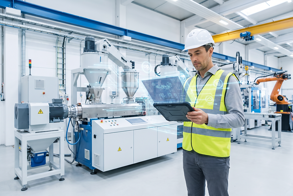Technical sales director reviewing plastics machinery project parameters in an automated manufacturing environment.