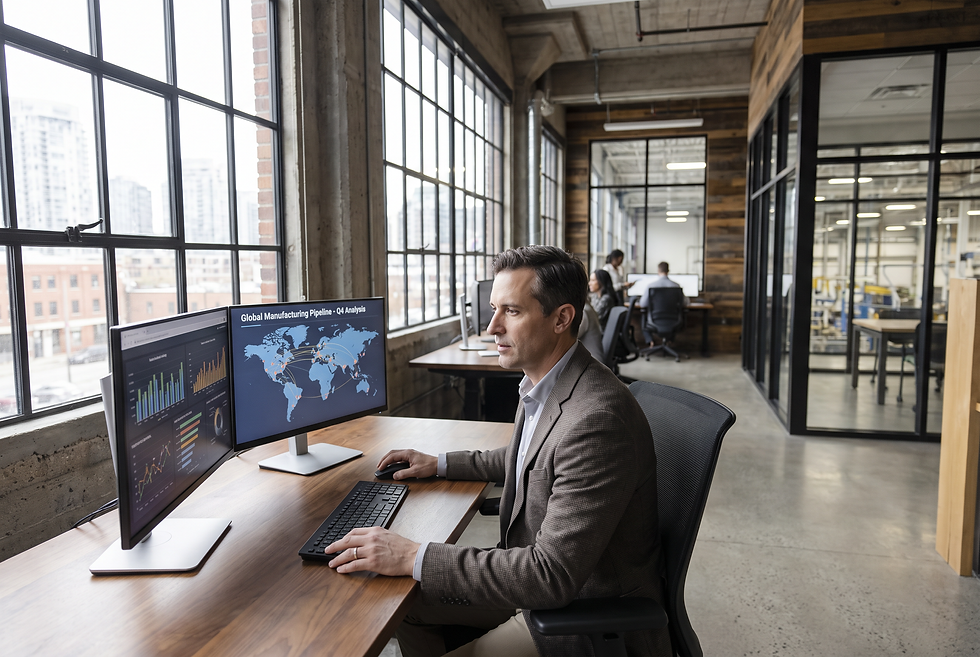 Commercial director analyzing international B2B sales pipeline data and qualified buyer inquiries in a corporate office.