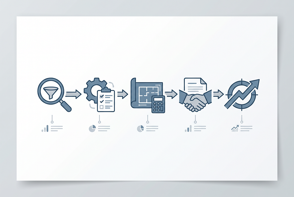 Structured B2B sales development workflow diagram illustrating technical lead qualification steps for capital equipment.
