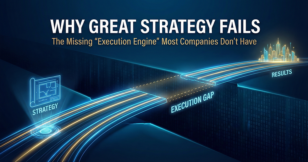 Banner reading “WHY GREAT STRATEGY FAILS,” highlighting the “Execution Gap” between strategy and results with dynamic flow lines.