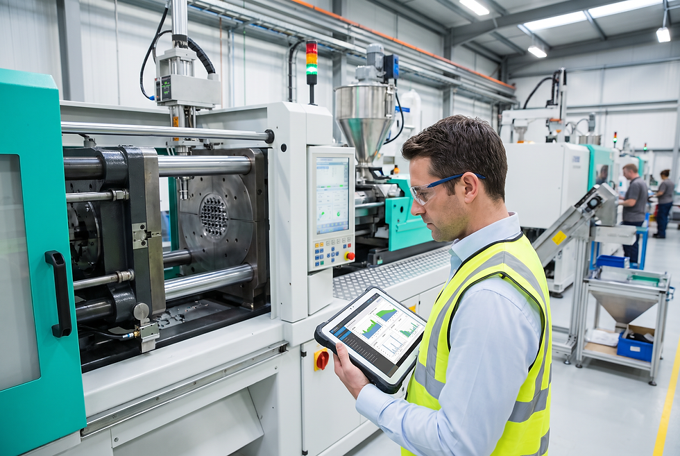 Quality engineer reviewing critical dimensions beside an operational precision injection molding machine on the factory floor.