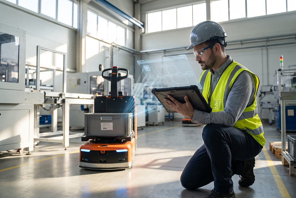 Applications engineering specialist evaluating intralogistics workflow and payload interfaces in an automated manufacturing facility.