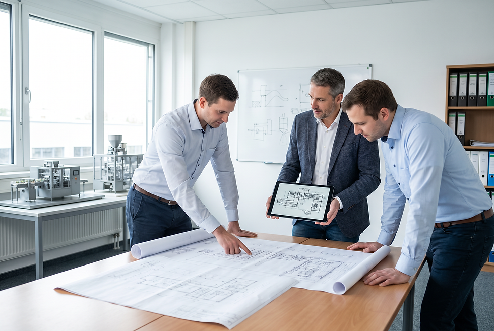 Packaging machinery technical team reviewing industrial equipment specifications and customer factory requirements.