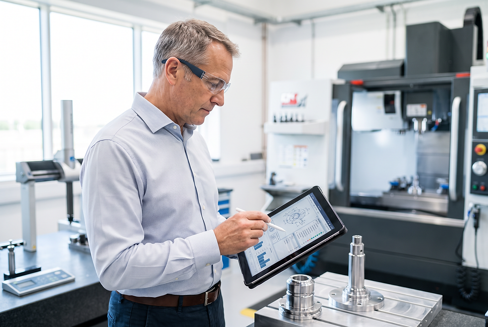 Technical sales director evaluating verified buyer specifications and commercial project data in an enterprise facility