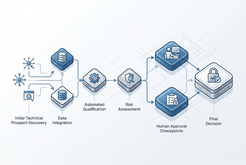 Diagram illustrating structured B2B sales automation workflow with clear human approval checkpoints.