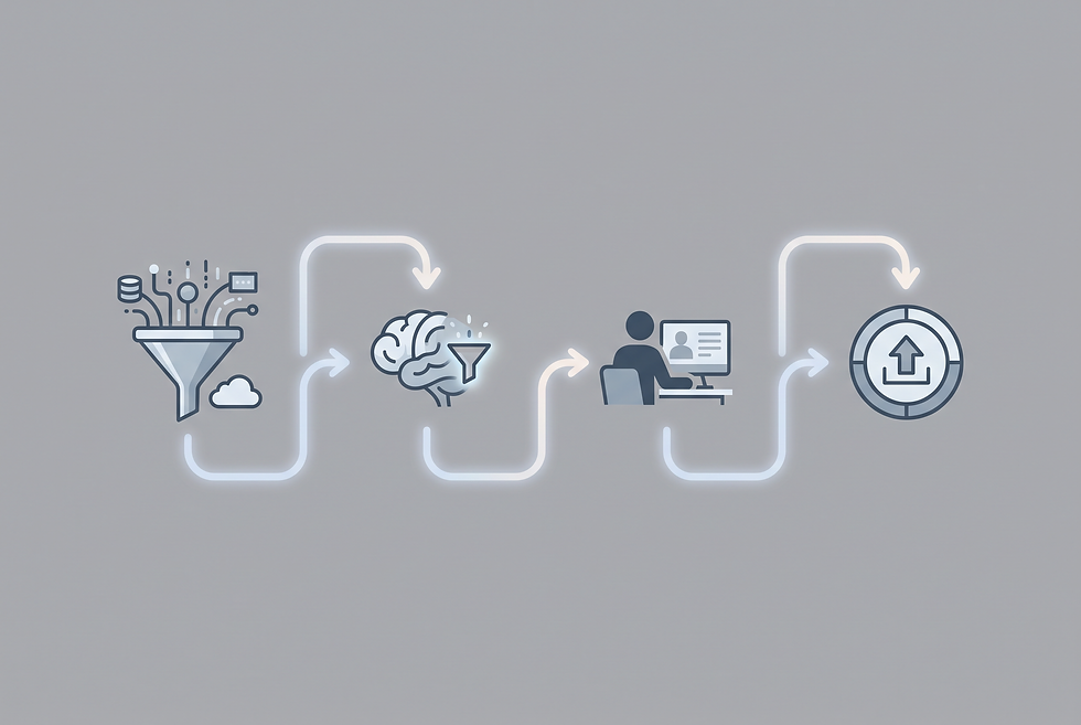 Diagram of an autonomous enterprise workflow showing data ingestion, AI qualification, and human governance.
