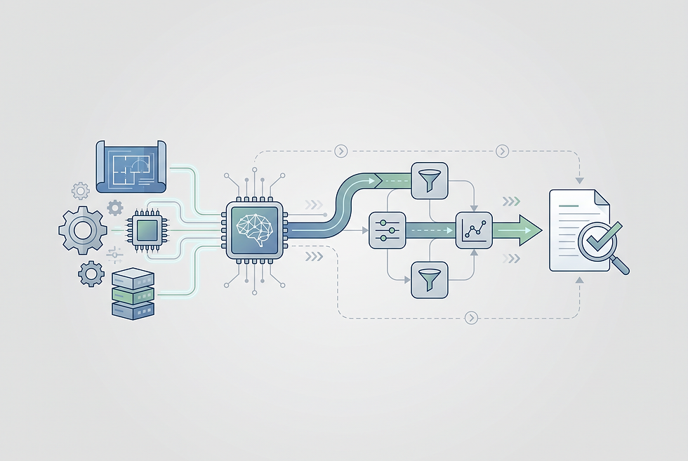 Technical content marketing workflow diagram mapping engineering data to machinery RFQ qualification.