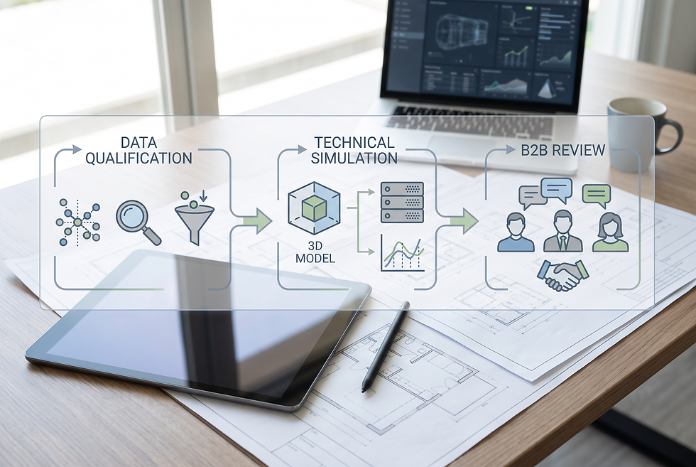 Technical sales workflow illustration showing engineering qualification and project proof stages.