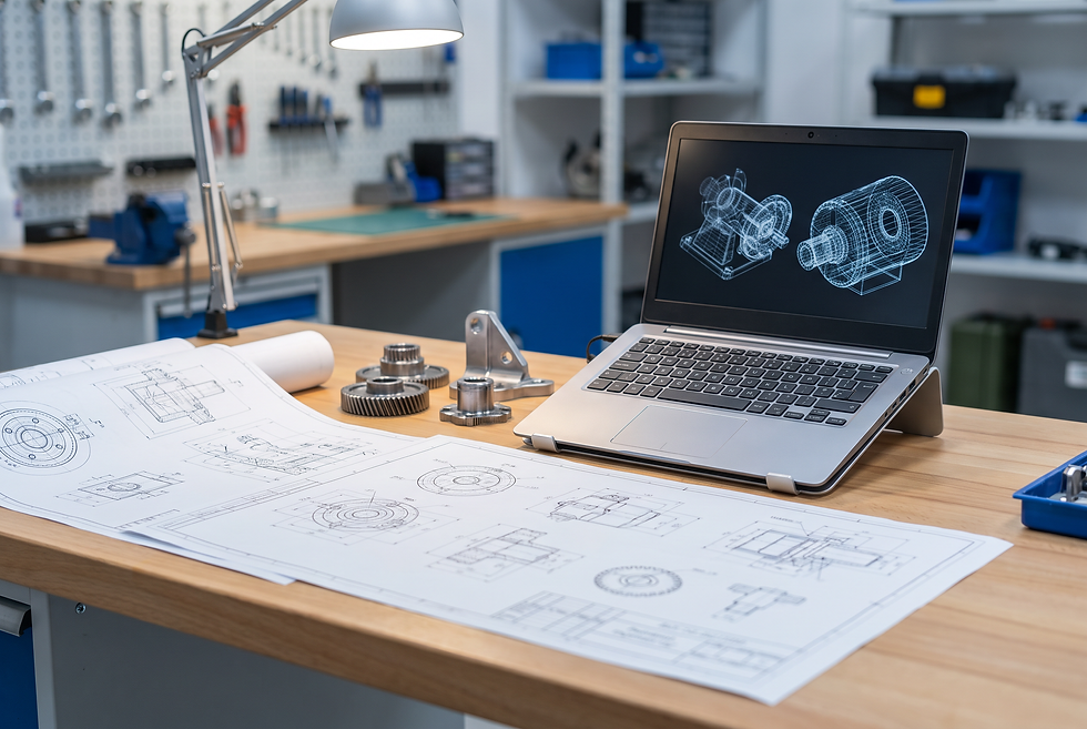 Industrial equipment RFQ engineering review workflow with technical blueprints and machinery design parameters.